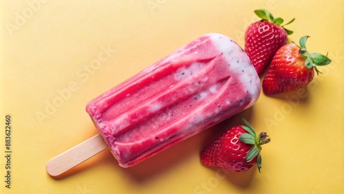 Sweet and tantalizing strawberry ice cream popsicle on a colorful stick against a warm, bright, and sunny yellow background. photo