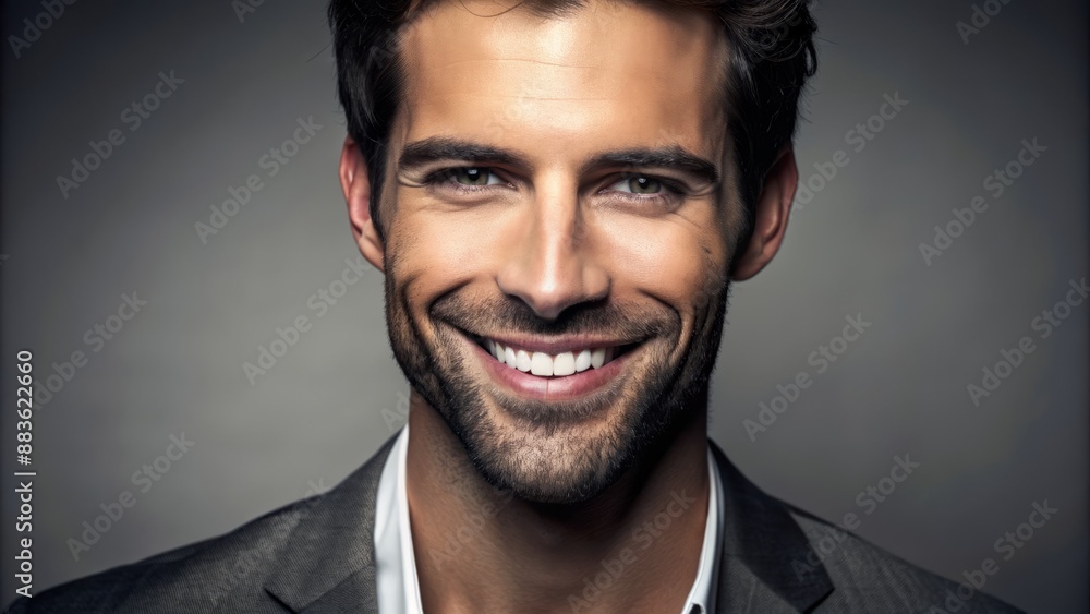 Elegant masculine face with bright white smile and chiseled features set against dull gray studio backdrop. Elegant masculine face with bright white smile and chiseled features set against dull gray studio backdrop.