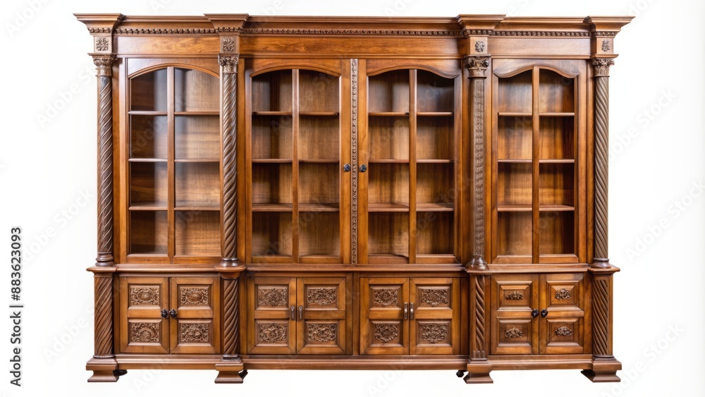 Elegant wooden cabinet with multiple shelves isolated on transparent background showcasing intricate design and craftsmanship in warm warm wooden tones. Elegant wooden cabinet with multiple shelves isolated on transparent background showcasing intricate design and craftsmanship in warm warm wooden tones.