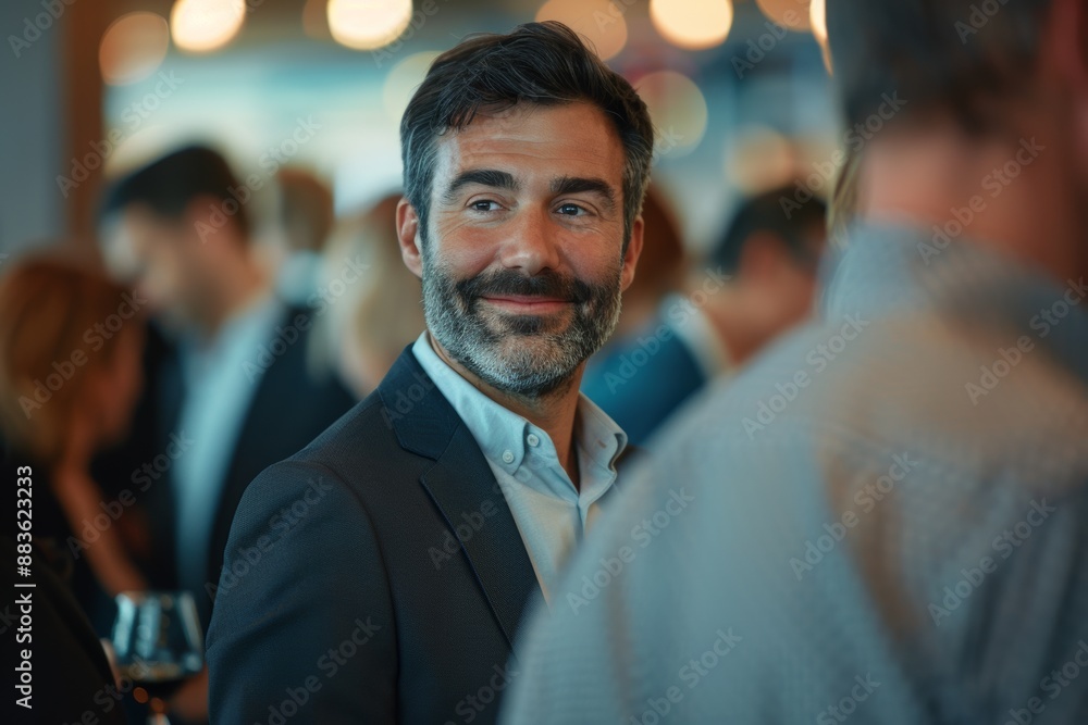 Confident businessman networking at a corporate event, building connections to support his ongoing success. Confident businessman networking at a corporate event, building connections to support his ongoing success.