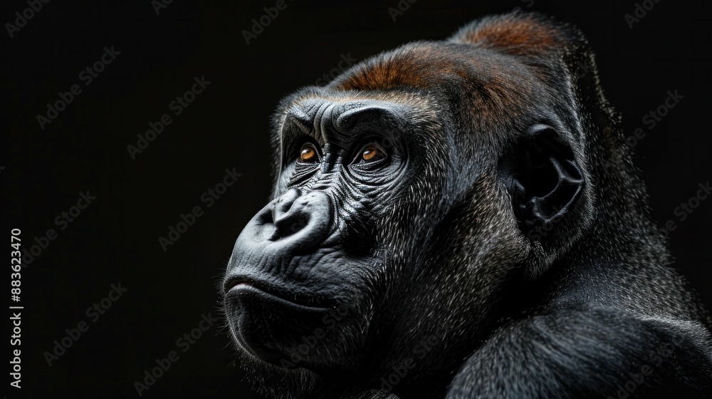 Gorilla's expression close up portrait of a majestic gorilla face on a dark background Gorilla's expression close up portrait of a majestic gorilla face on a dark background