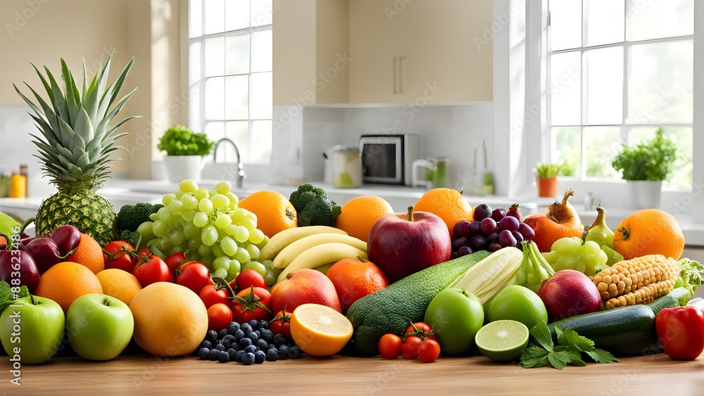 A table full of fruits and vegetables, including apples, oranges, bananas A table full of fruits and vegetables, including apples, oranges, bananas