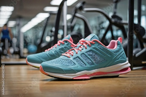 a pair of versatile training shoes on a gym floor with gym equipment in the background. © AungMyintMyat