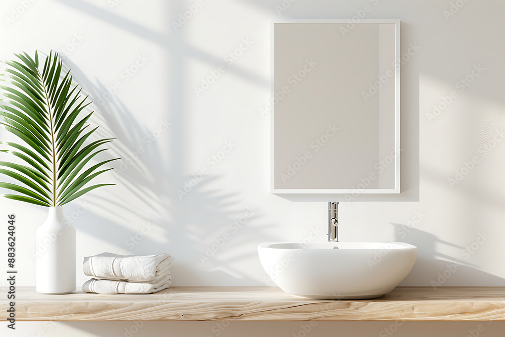 Interior of modern bathroom with white bathtub, round mirror and white towel on wooden shelf Interior of modern bathroom with white bathtub, round mirror and white towel on wooden shelf