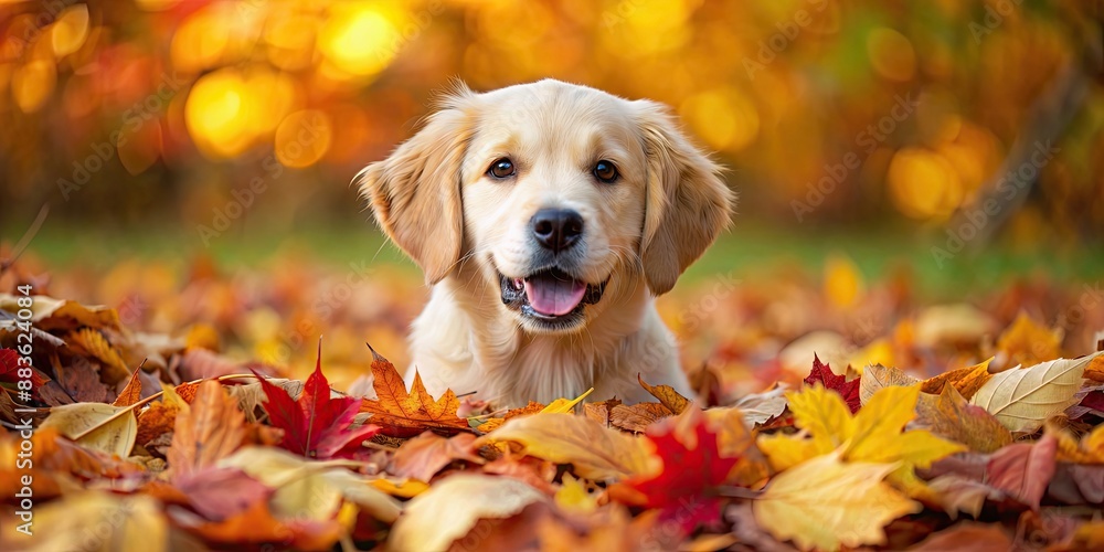 Adorable golden retriever puppy playing in a pile of colorful autumn leaves, Golden retriever, puppy, autumn, leaves, playing, cute Adorable golden retriever puppy playing in a pile of colorful autumn leaves, Golden retriever, puppy, autumn, leaves, playing, cute