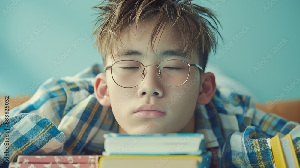 Tired Teenage Boy With Books And Glasses Taking Nap During Exhaustive Study Session. Back to School Tired Teenage Boy With Books And Glasses Taking Nap During Exhaustive Study Session. Back to School