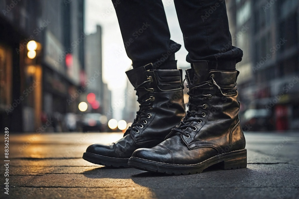 a pair of combat boots on an urban street with a gritty, blurred cityscape in the background. a pair of combat boots on an urban street with a gritty, blurred cityscape in the background.