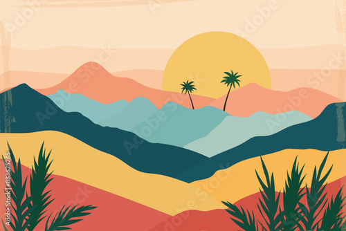 Desert scenery paper style with Boho style in earth tone. Vector illusion. wallpaper, poster, postcard, banner, giftshop.