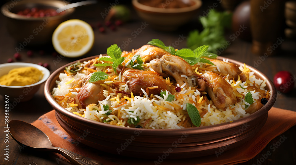 Authentic Indian Biryani Served with Raita and Garnished with Fresh Mint Leaves and Boiled Eggs Authentic Indian Biryani Served with Raita and Garnished with Fresh Mint Leaves and Boiled Eggs