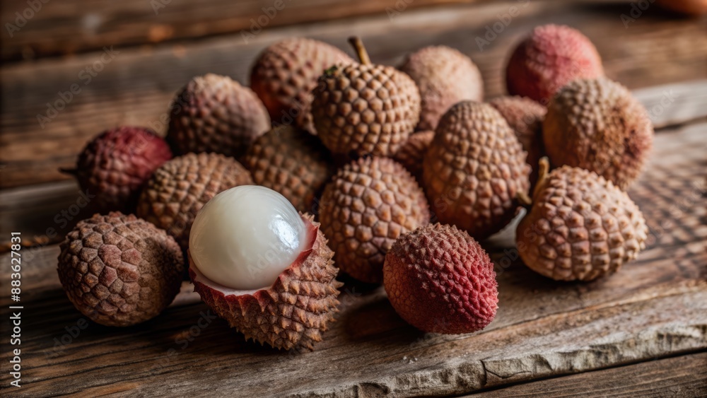 Ripe lychee fruits with rough brown skin and juicy translucent pulp arranged artfully on a rustic wooden background surface. Ripe lychee fruits with rough brown skin and juicy translucent pulp arranged artfully on a rustic wooden background surface.