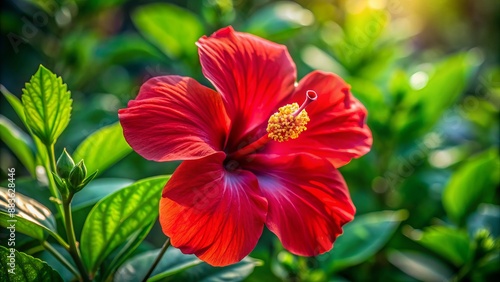 Wallpaper Mural Vibrant solitary red hibiscus flower with delicate petals and prominent center set against a blurred lush green natural background. Torontodigital.ca