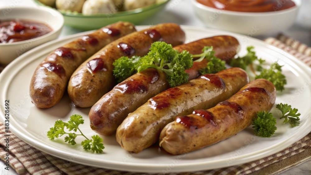 Juicy brown sausages artfully arranged on a white ceramic plate with a sprinkle of fresh parsley and a side of ketchup. Juicy brown sausages artfully arranged on a white ceramic plate with a sprinkle of fresh parsley and a side of ketchup.