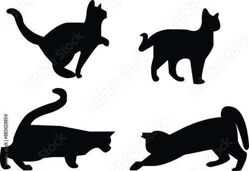 Cat icons collection. Cat movement symbols set. Black and white simple outline cats pictures. Black Cat Set Isolated White Background. Vector isolated with transparent background.