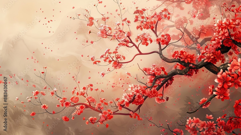 Red Japanese Blossom Artistic Illustration Red Japanese Blossom Artistic Illustration