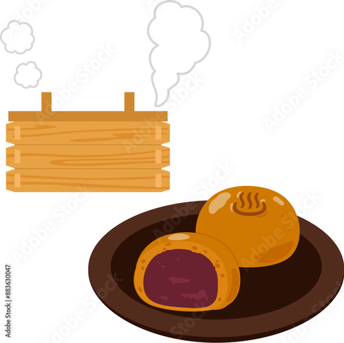 温泉饅頭と蒸気が出ている角せいろ