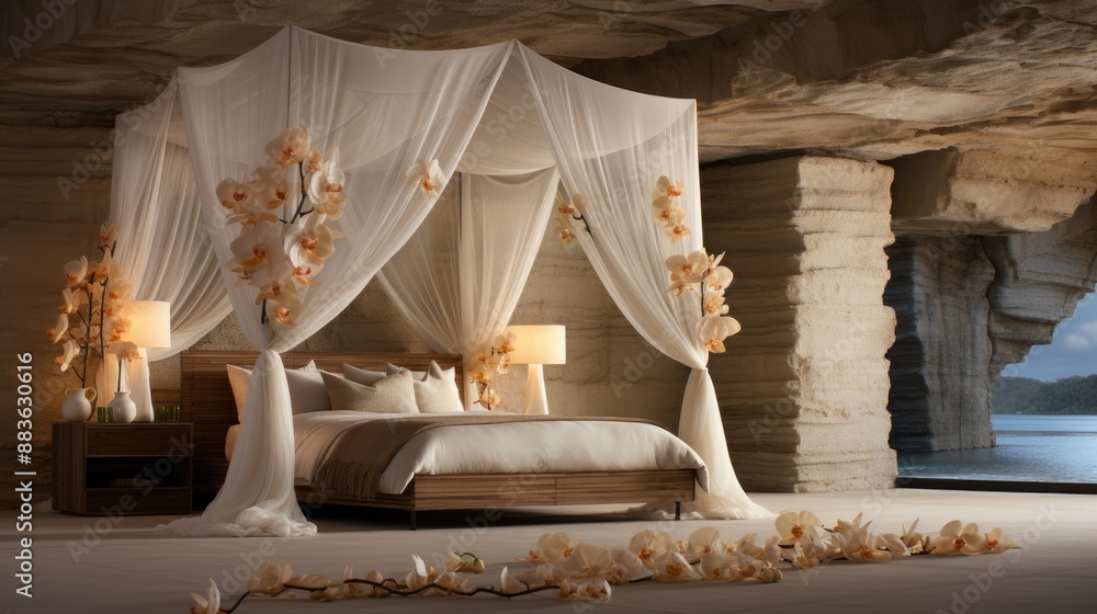 An inviting bedroom with a minimalist canopy bed draped in sheer white fabric, surrounded by smooth cream stone walls adorned with handcrafted Balinese-inspired artwork and a vibrant orchid ... An inviting bedroom with a minimalist canopy bed draped in sheer white fabric, surrounded by smooth cream stone walls adorned with handcrafted Balinese-inspired artwork and a vibrant orchid ...