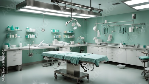 A hospital room with a green wall and a green bed