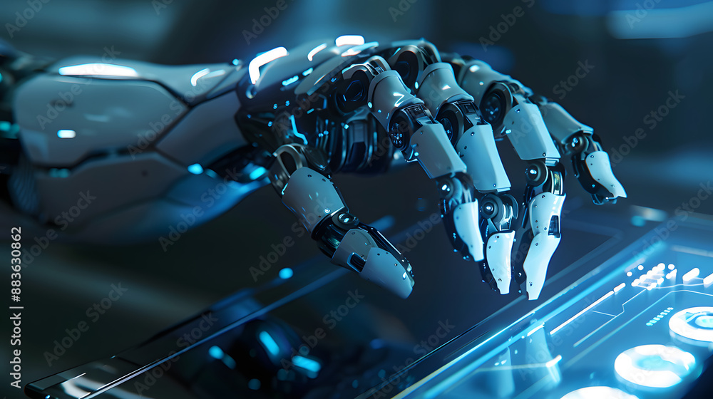 Fototapeta premium AI artificial intelligence robot advanced android technology control computer system laptop electronic digital, innovation future futuristic robotics human interaction connection working automation