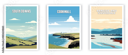 South Downs, Corwall, Arnside and Silverdale Illustration Art. Travel Poster Wall Art. Minimalist Vector art
