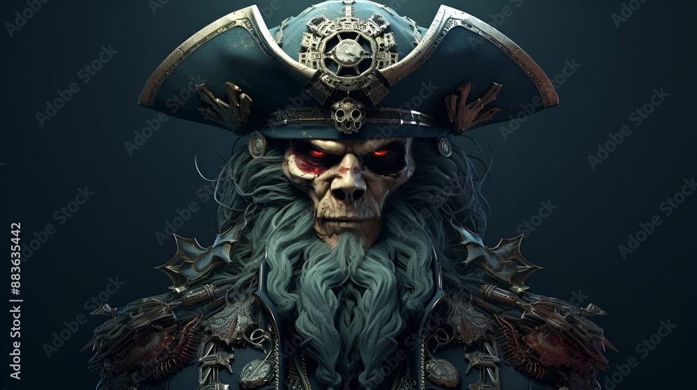 A menacing skeletal pirate captain with glowing red eyes, wearing an ornate hat and detailed armor, exuding an eerie and powerful presence. A menacing skeletal pirate captain with glowing red eyes, wearing an ornate hat and detailed armor, exuding an eerie and powerful presence.
