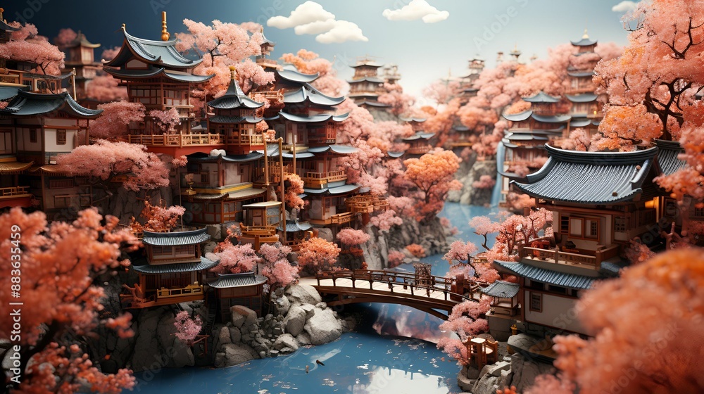 Fototapeta premium A serene, traditional Japanese village with beautifully designed houses and pagodas, nestled among vibrant cherry blossom trees, with a picturesque bridge crossing a tranquil river.