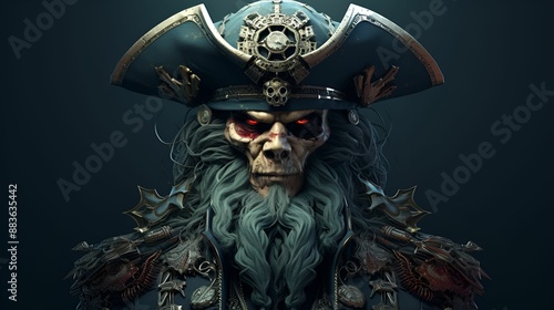 A menacing skeletal pirate captain with glowing red eyes, wearing an ornate hat and detailed armor, exuding an eerie and powerful presence.