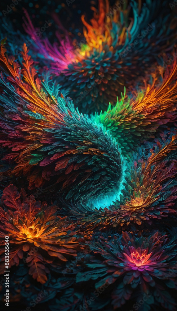 Abstract Floral Pattern With Glowing Accents and Lush Foliage Abstract Floral Pattern With Glowing Accents and Lush Foliage