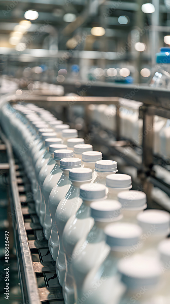 hundreds of yoghurt bottles going to camera direction on production line, hundreds of yoghurt bottles going to camera direction on production line,