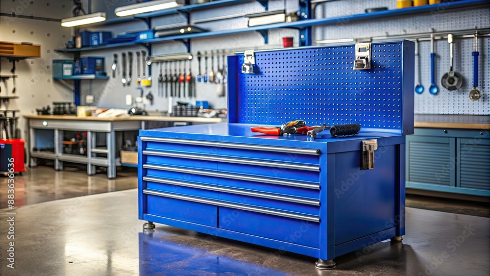 Blue metal tool box sitting on workbench in garage workshop, workbench, garage, workshop, tools, equipment, organization Blue metal tool box sitting on workbench in garage workshop, workbench, garage, workshop, tools, equipment, organization