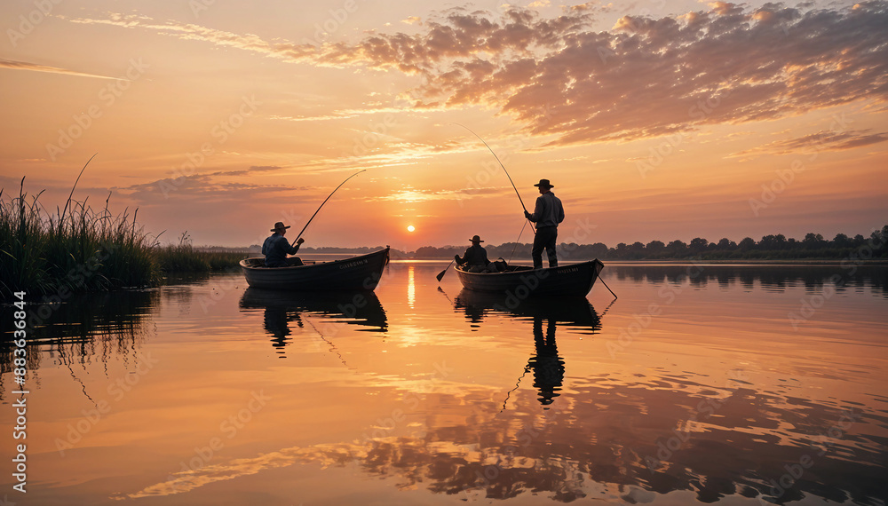 two men fishing on a wooden boat, sunset view
two men fishing on a wooden boat, sunset view