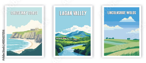 Causeway Coast, Lagan Valley, Lincolnshire Wolds Illustration Art. Travel Poster Wall Art. Minimalist Vector art