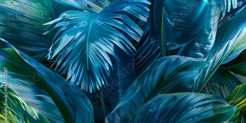 Tropical blue palm leaves in lush forest closeup
