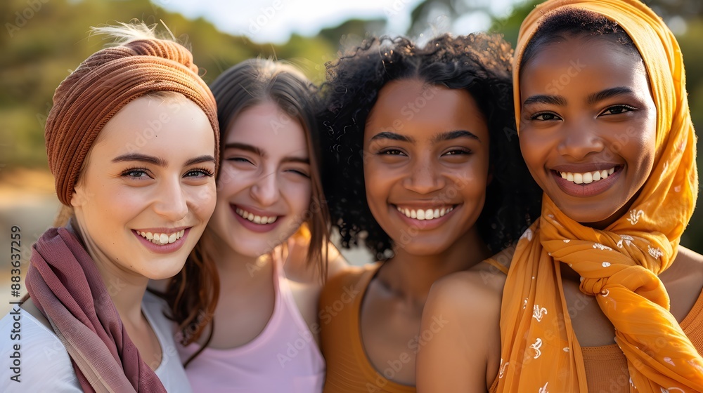 Fototapeta premium Portrait of gorgeous multiracial women standing together and smiling. 