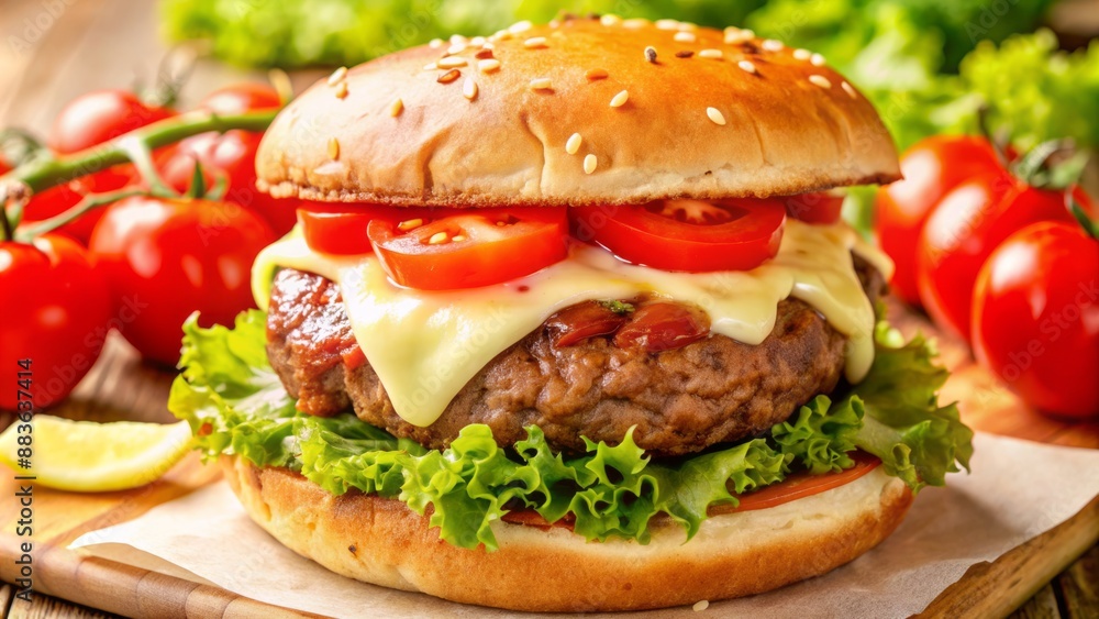 Sizzling beef patty, crispy lettuce, juicy tomato, and melted cheese on a toasted bun, garnished with condiments and fresh herbs. Sizzling beef patty, crispy lettuce, juicy tomato, and melted cheese on a toasted bun, garnished with condiments and fresh herbs.