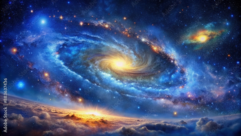 Obraz premium Vibrant blueish celestial expanse filled with twinkling stars, swirling galaxies, and cosmic dust, majestic and awe-inspiring in its beauty.