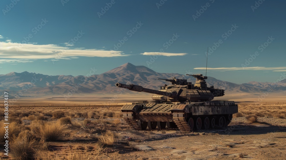 Military Tank in Serene Wilderness Setting with Majestic Mountains and Blue Sky - Realistic Image of Army Tank in Remote Nature Landscape Military Tank in Serene Wilderness Setting with Majestic Mountains and Blue Sky - Realistic Image of Army Tank in Remote Nature Landscape