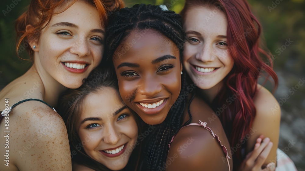 Fototapeta premium Portrait of gorgeous multiracial women standing together and smiling. 