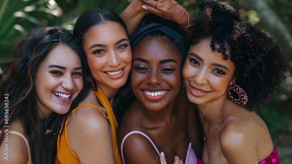 Fototapeta premium Portrait of gorgeous multiracial women standing together and smiling. 