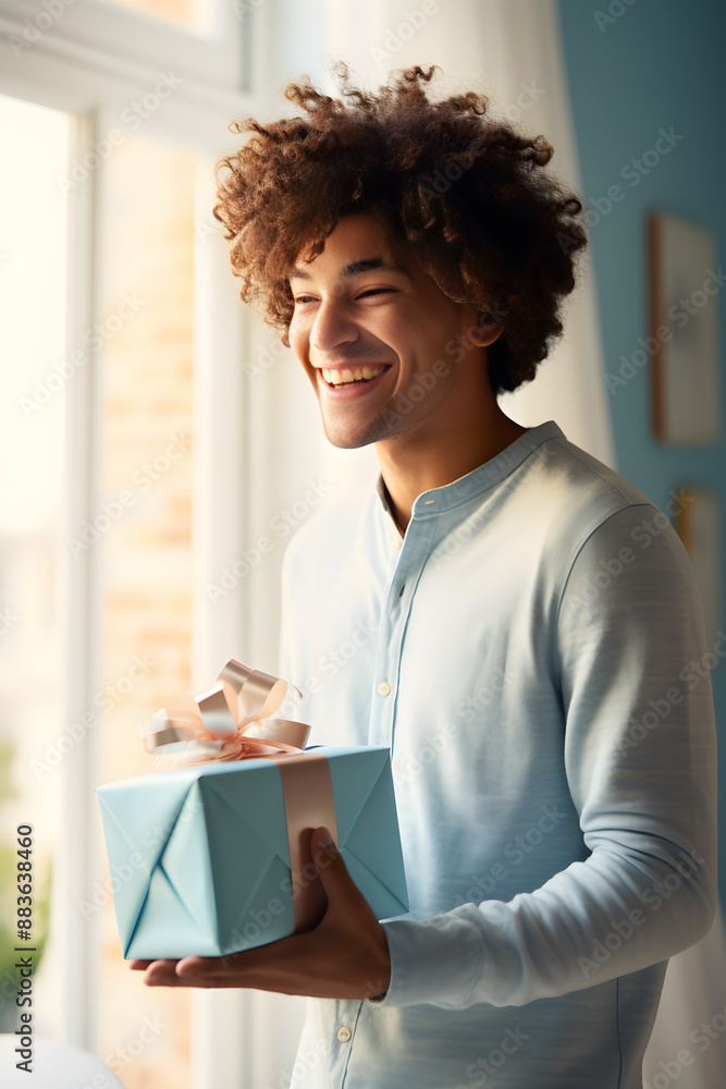Heartfelt Moment Captured: Young Man Surprises His Girlfriend with a Present in Bright, Welcoming Living Room Environment Heartfelt Moment Captured: Young Man Surprises His Girlfriend with a Present in Bright, Welcoming Living Room Environment
