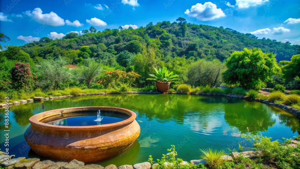 Fototapeta premium Vibrant rustic scene depicting a large clay basin filled with water surrounded by lush greenery under a bright blue sky.