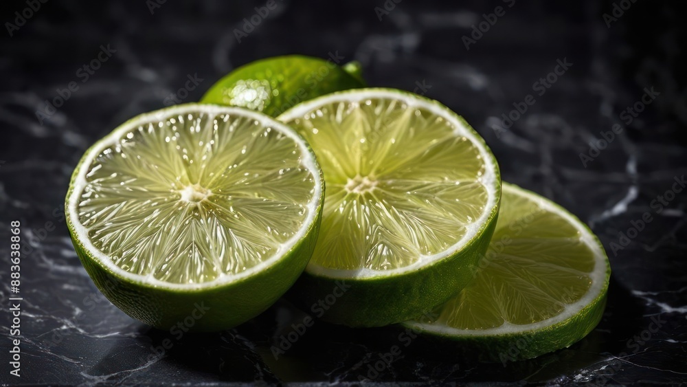 limes cut in half on a black marble surface limes cut in half on a black marble surface