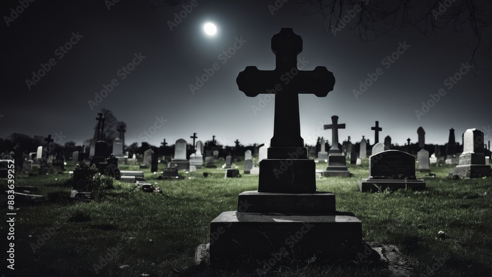 Headstone cross in Graveyard. Headstone cross in Graveyard at night. Headstone cross in Graveyard. Headstone cross in Graveyard at night.