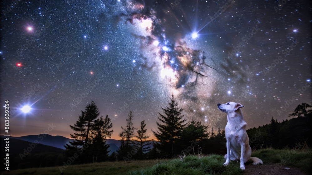 A serene and mystical night scene with a curious dog gazing up at a starry sky filled with twinkling celestial bodies. A serene and mystical night scene with a curious dog gazing up at a starry sky filled with twinkling celestial bodies.