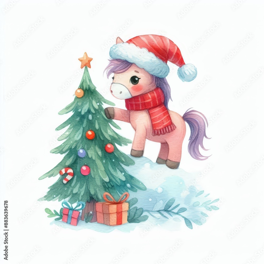 Cute cartoon pony in a Santa hat decorating a Christmas tree with presents. Cute cartoon pony in a Santa hat decorating a Christmas tree with presents.