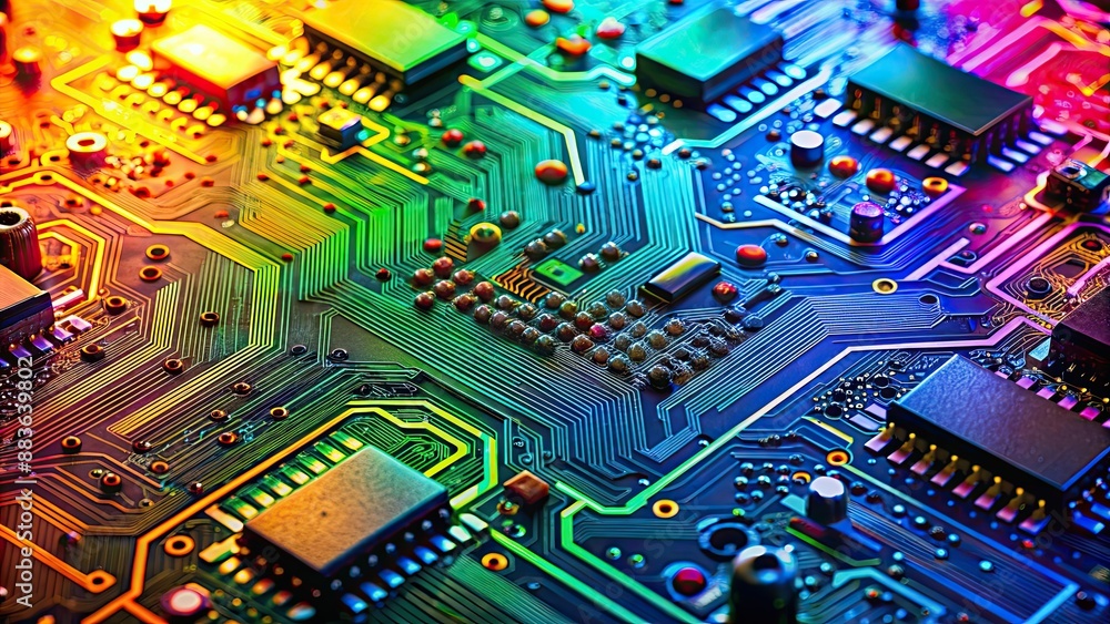 Detailed view of a multi-coloured electronic circuit board, technology, PCB, electronics, colors Detailed view of a multi-coloured electronic circuit board, technology, PCB, electronics, colors