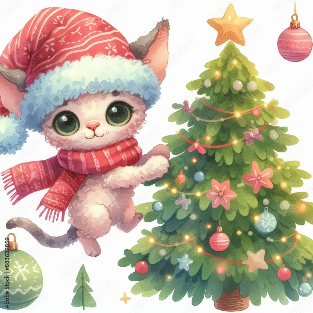 Cute cat wearing a santa hat and scarf standing by a decorated Christmas tree. Cute cat wearing a santa hat and scarf standing by a decorated Christmas tree.