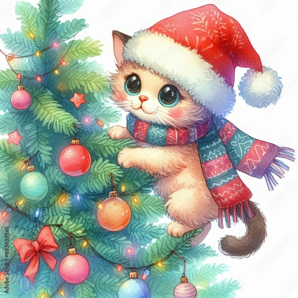 Cute cat wearing a Santa hat and scarf, climbing a Christmas tree. Cute cat wearing a Santa hat and scarf, climbing a Christmas tree.