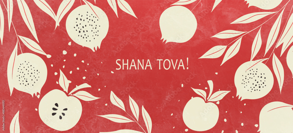 Red art background of Israeli Rosh Hashanah holiday with pomegranate and apple pattern. Vector illustration in modern style with Jewish holiday of New Year, Rosh Hashana for greeting card, cover. Red art background of Israeli Rosh Hashanah holiday with pomegranate and apple pattern. Vector illustration in modern style with Jewish holiday of New Year, Rosh Hashana for greeting card, cover.