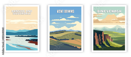 Arnside and Silverdale, Kent Downs, Binevenagh Illustration Art. Travel Poster Wall Art. Minimalist Vector art
