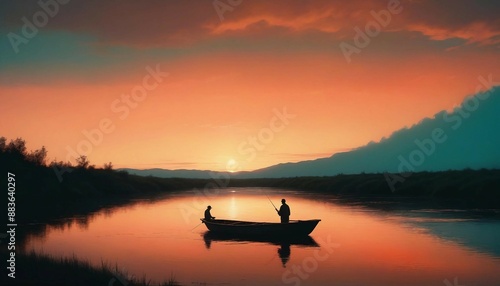 Lone male figure silhouetted against a vibrant sunset sky, fishing from a small wooden boat on a tranquil, reflective river 